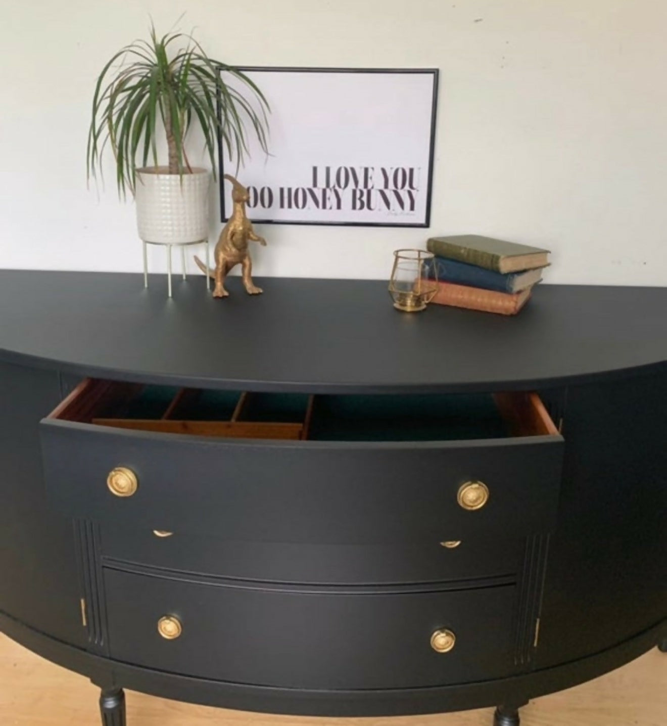 Bow Fronted Black & Gold Mahogany Sideboard