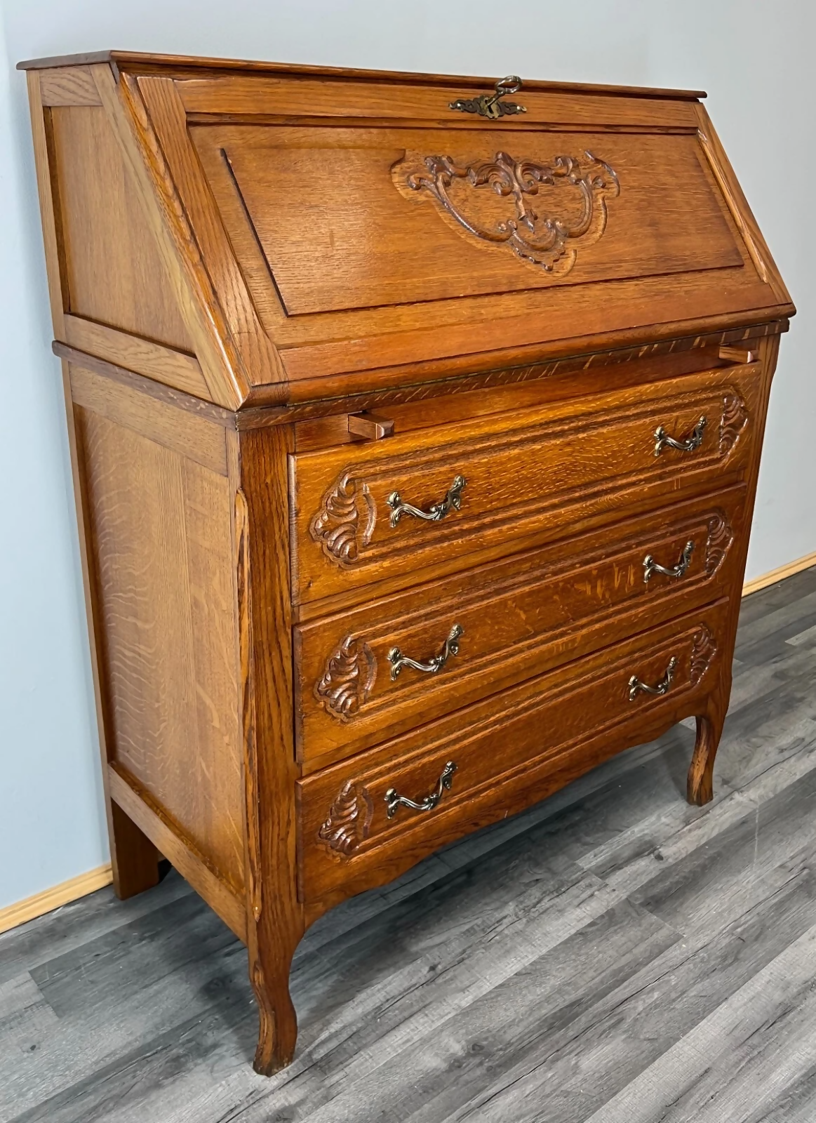 Secretaire Writing Desk Vintage French Oak Bureau Carved Cabinet LOT 3755