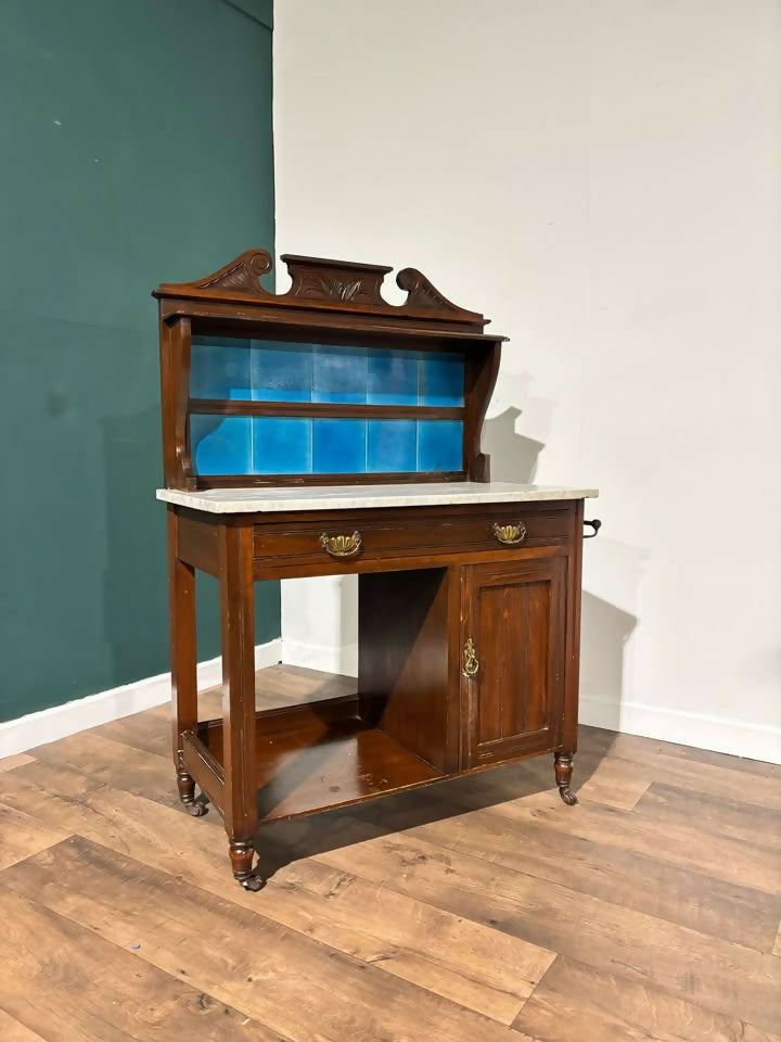 Edwardian Marble Top Washstand with Blue Tiles2