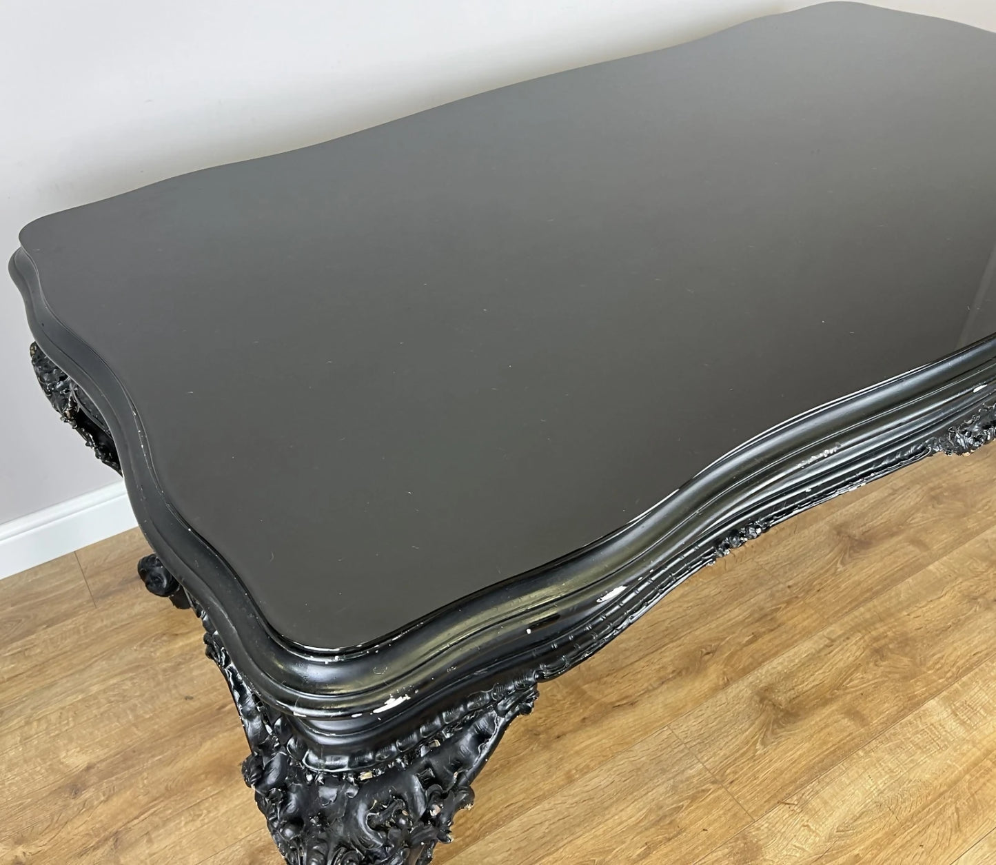 Double Sided Desk Antique French Style Black Painted Heavy Carved Table LOT 6186