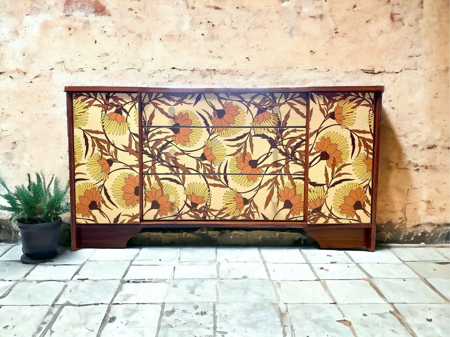 Upcycled Vintage Mid Century Sideboard, Tv Unit , 1970's Floral Print , Living Room, Dining Room Storage.