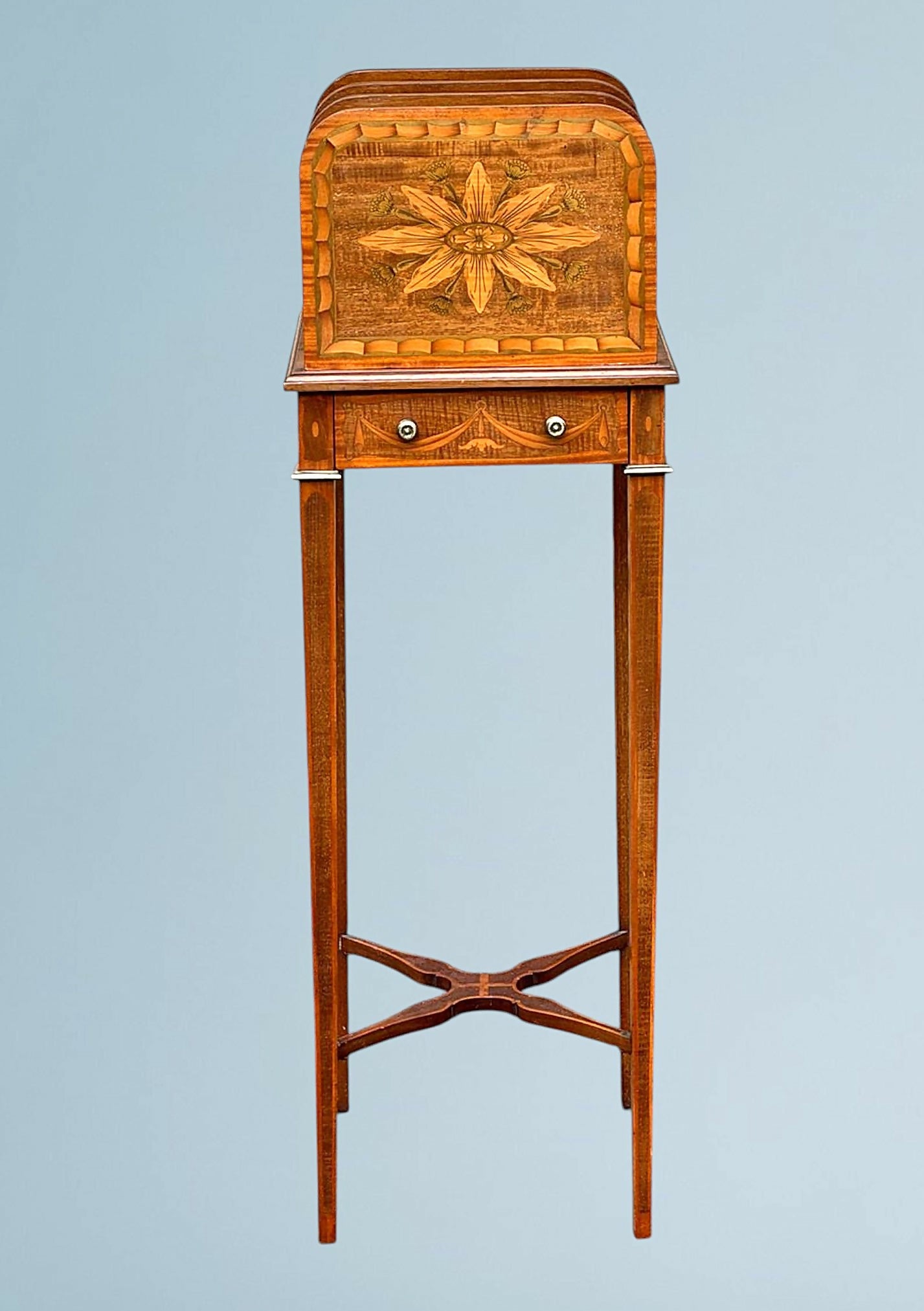 Sheraton Revival Inlaid Mahogany Canterbury Stand / Magazine Rack