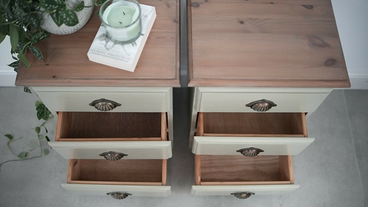 Pair of Vintage Wooden 3 Drawers Bedside Tables, in Sage Green