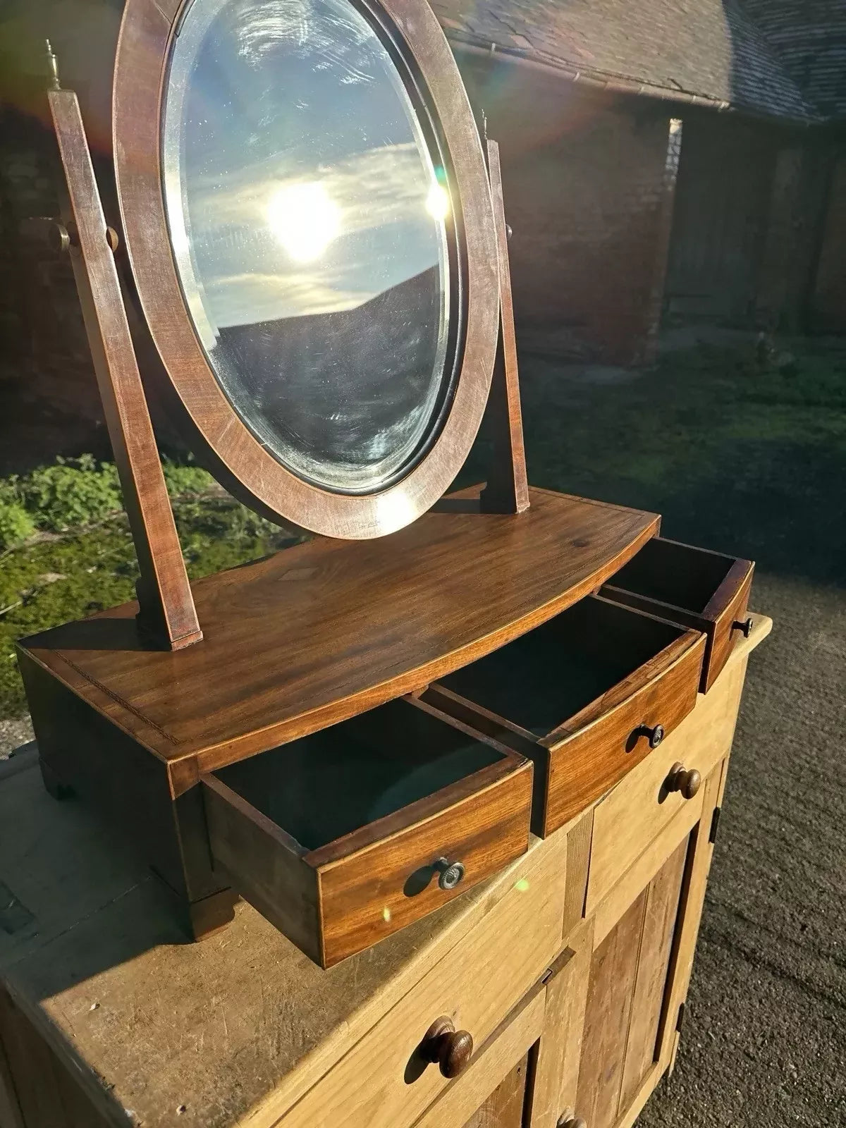 Antique Georgian Large Mahogany Tilting Oval Vanity Dressing Table Mirror