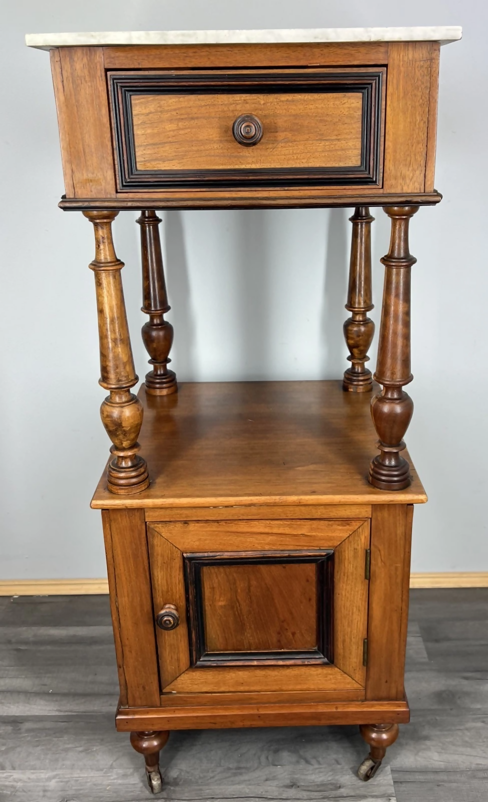 Bedside Table Antique French Style Marble Top Walnut Cupboard Cabinet LOT 4043