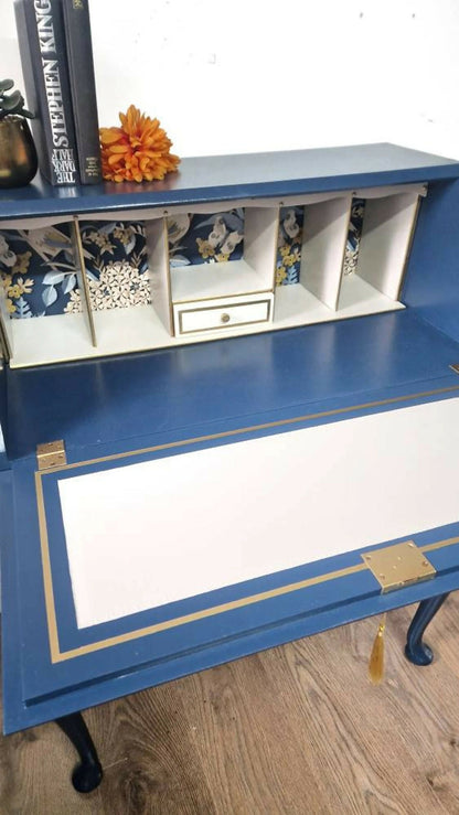 Navy and gold bureau, secretary desk, navy furniture, walnut desk, writing desk, navy blue