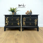 Matt Black Stag Minstrel bedside tables with gold floral and bird design. vintage nightstands. Teatray