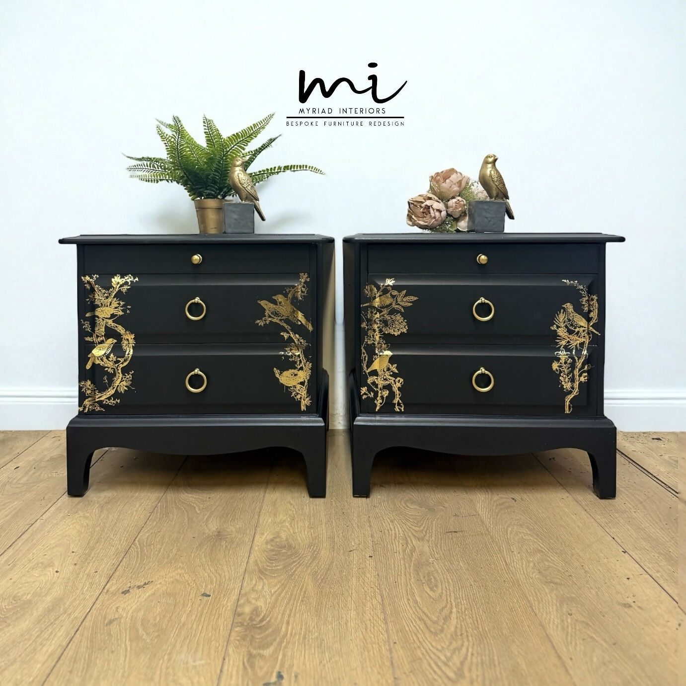 Matt Black Stag Minstrel bedside tables with gold floral and bird design. vintage nightstands. Teatray