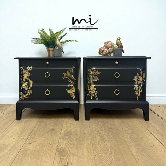Matt Black Stag Minstrel bedside tables with gold floral and bird design. vintage nightstands. Teatray