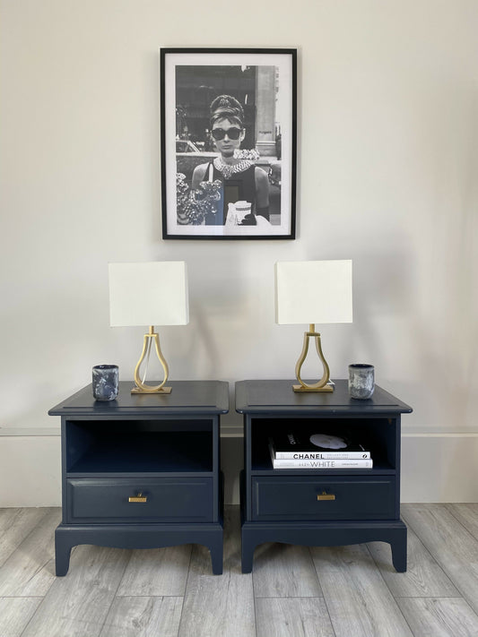 Stag Minstrel, Pair Of Bedside Tables Cabinets, Side Tables, Classic, Handmade, Vintage! Bespoke Orders Available.Painted In Fusion Mineral Navy Blue.