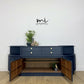 Mid Century Nathan teak modular sideboard set in navy blue, tv stand, media unit, retro corner cupboard, console, cocktail cabinet drinks