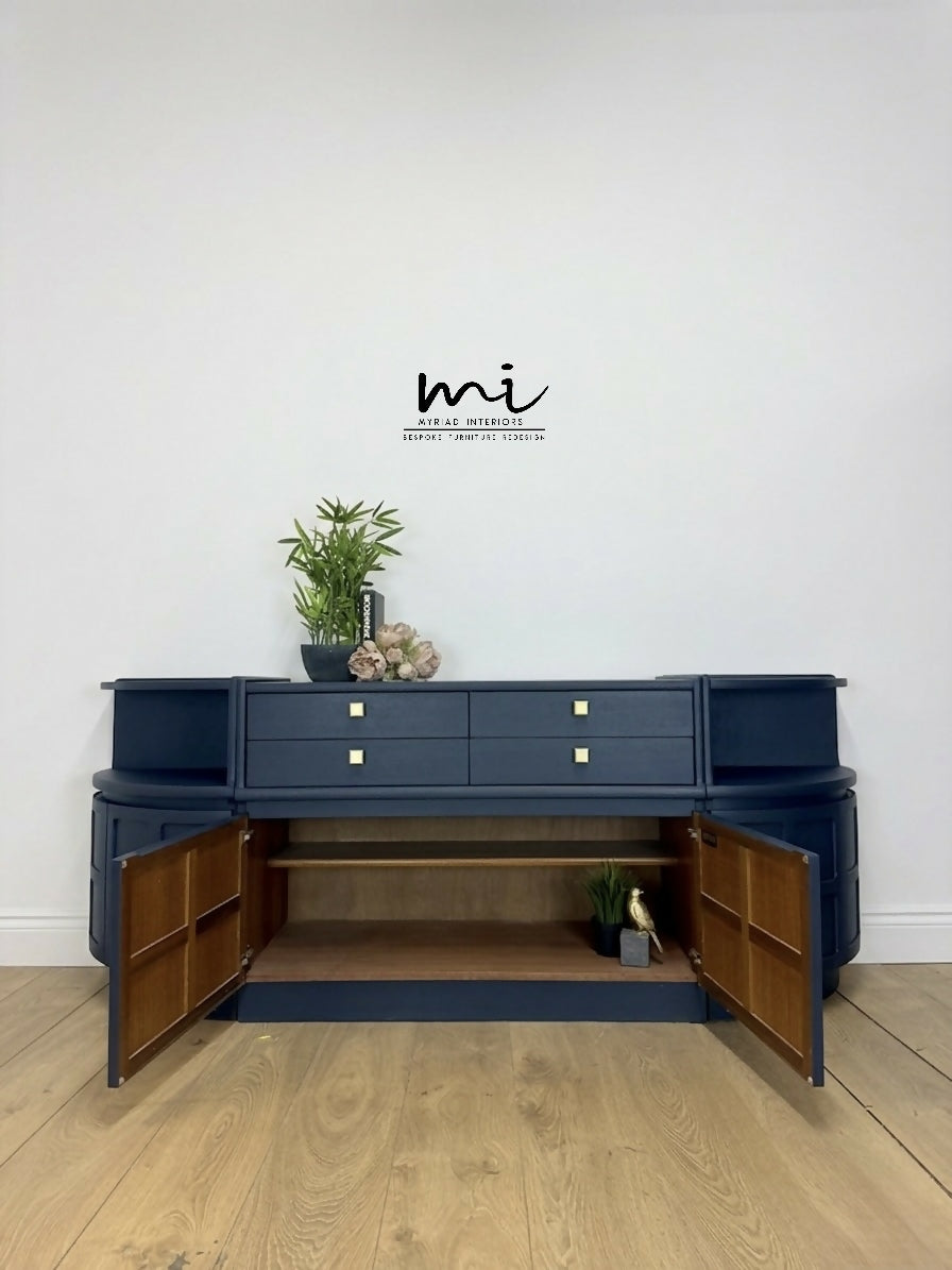 Mid Century Nathan teak modular sideboard set in navy blue, tv stand, media unit, retro corner cupboard, console, cocktail cabinet drinks