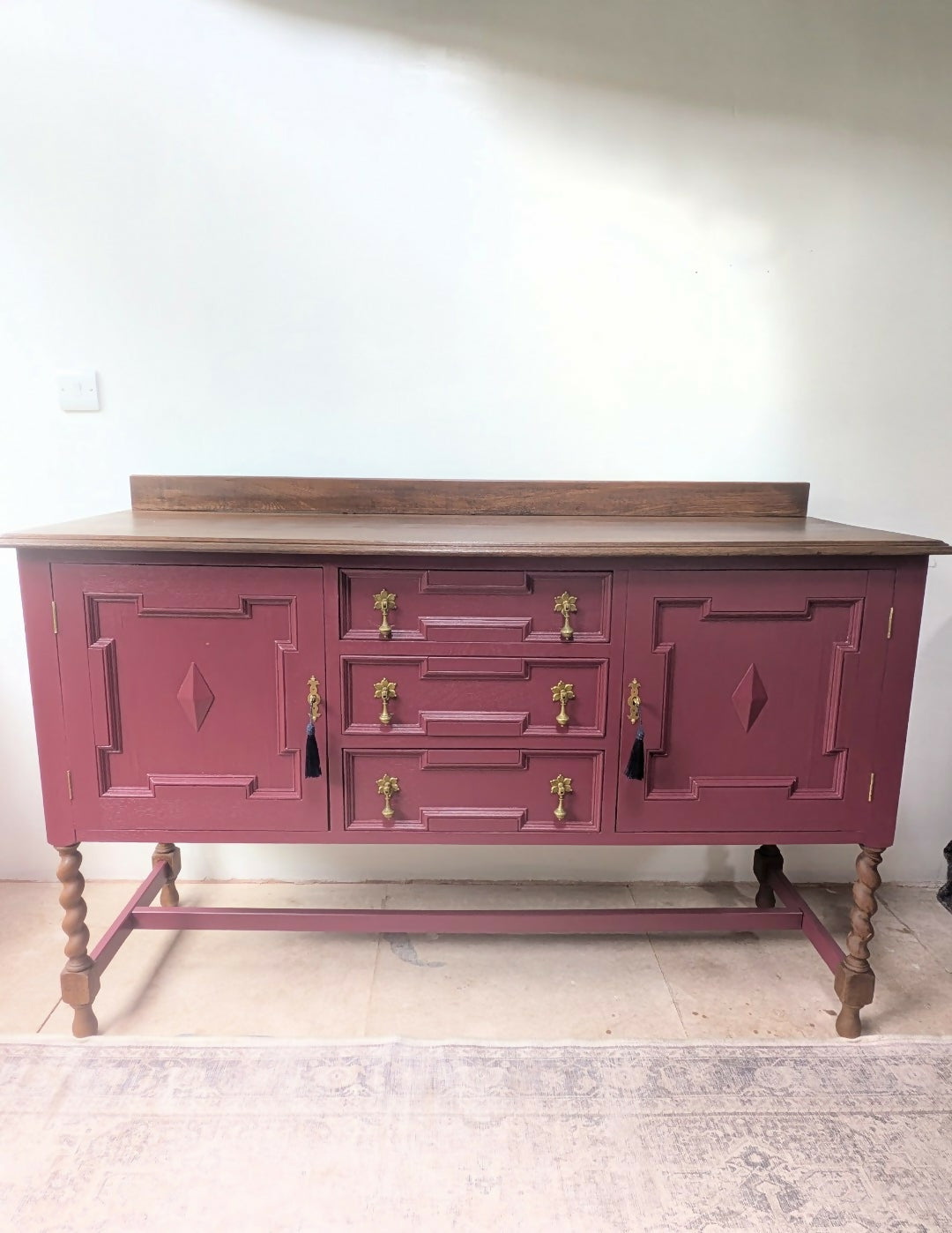 Refinished Jacobean Revival Solid Oak Sideboard, Burgundy Red Painted Buffet, Winchester Fusion Mineral Paint