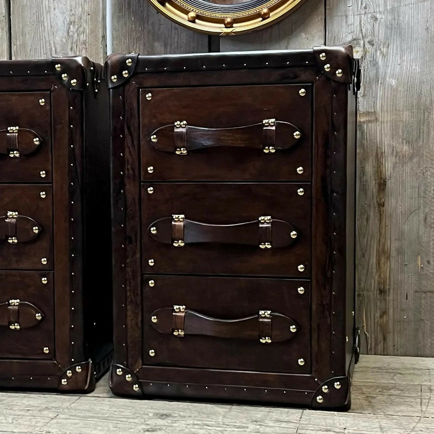 Vintage Handcrafted English Oak Leather Nightstands – Luxury Bedside Tables (Set of 2)