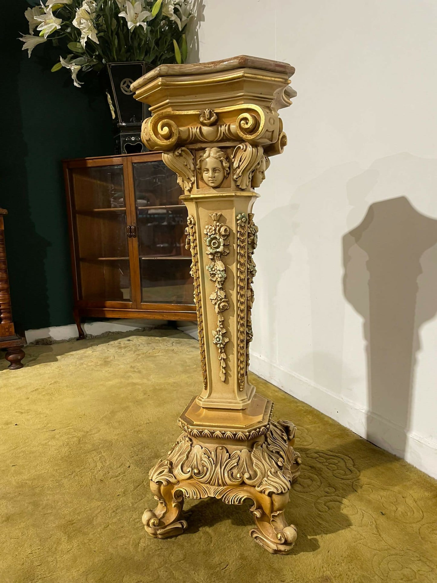 Ornate reproduction marble topped jardiniere.