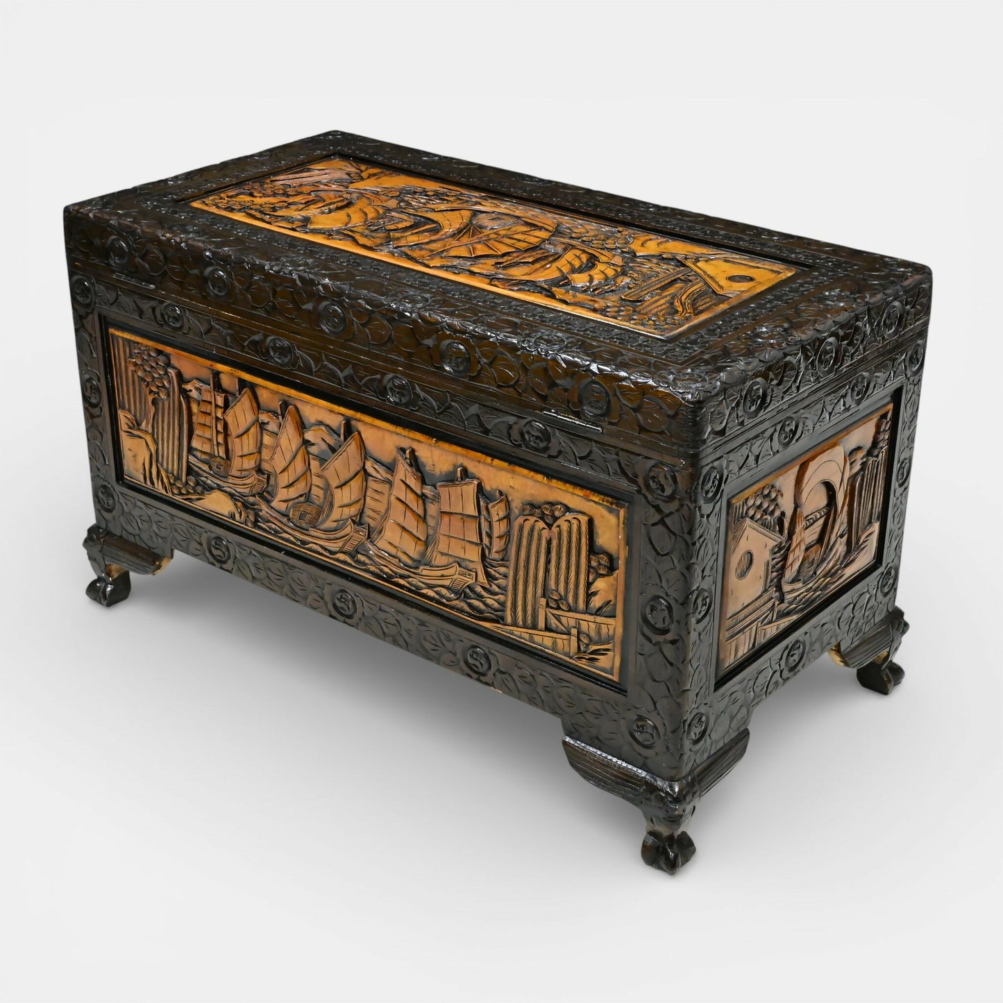 Chinese Carved Chest Trunk Camphor Wood Fine Carvings H60cm x W104cm x D56cm. SBR11127/3110E