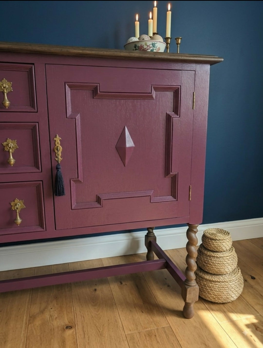Refinished Jacobean Revival Solid Oak Sideboard, Burgundy Red Painted Buffet, Winchester Fusion Mineral Paint
