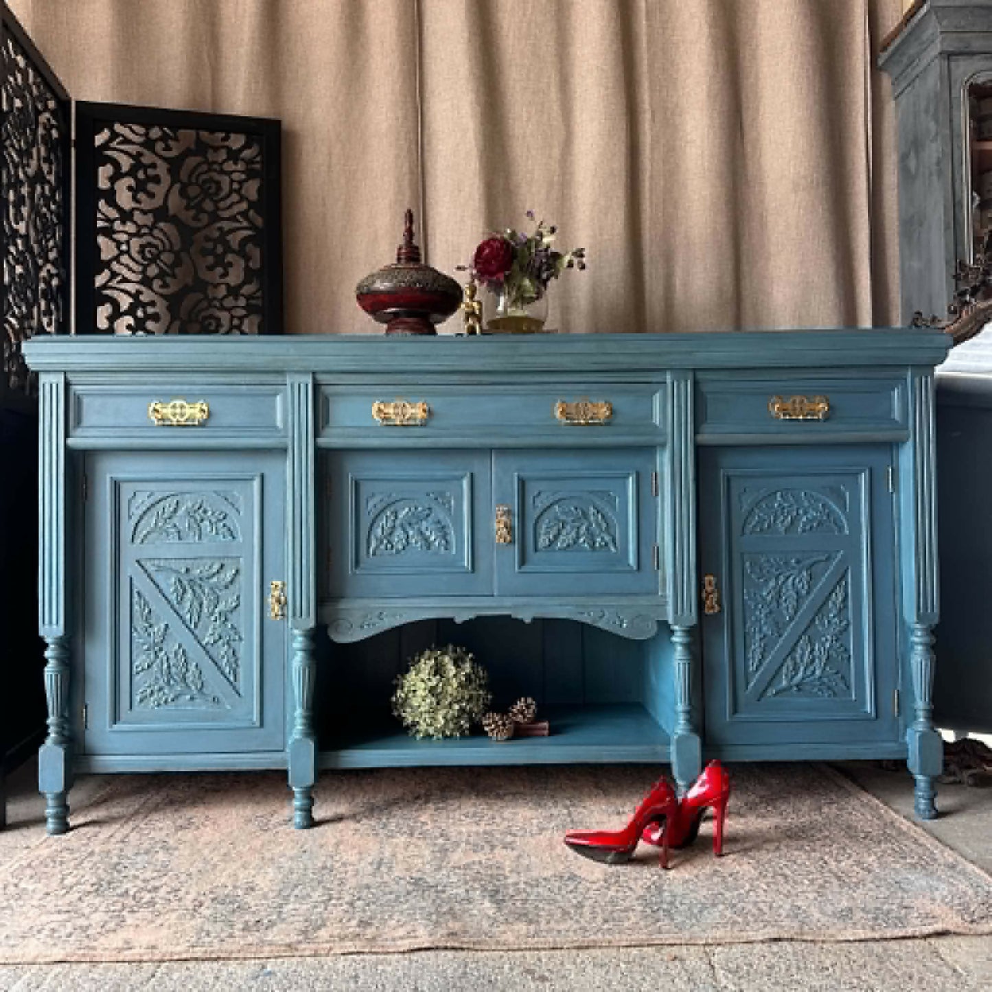 Blue Vintage Carved Sideboard