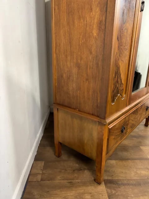 Edwardian Walnut Single Door Mirrored Wardrobe with Carved Panels