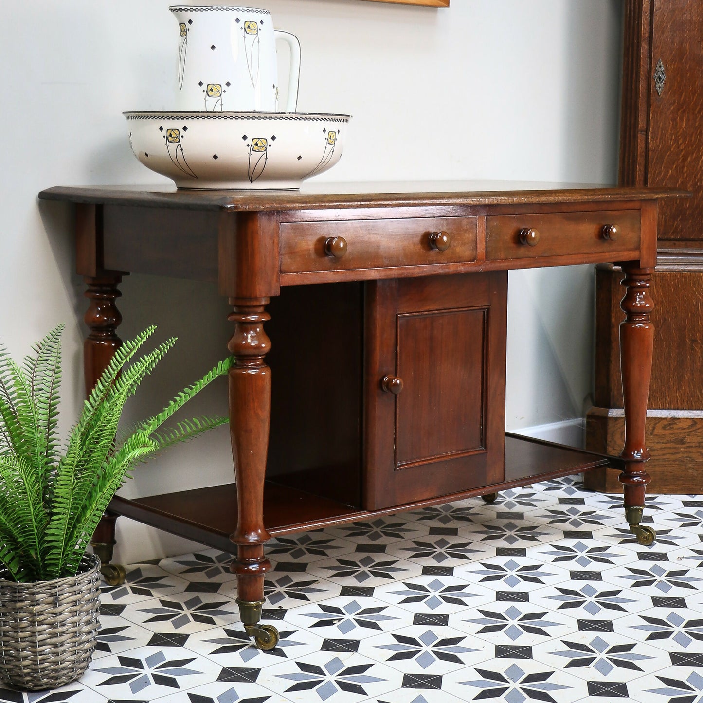 Victorian Mahogany Antique Side Table Wash Stand on Castors