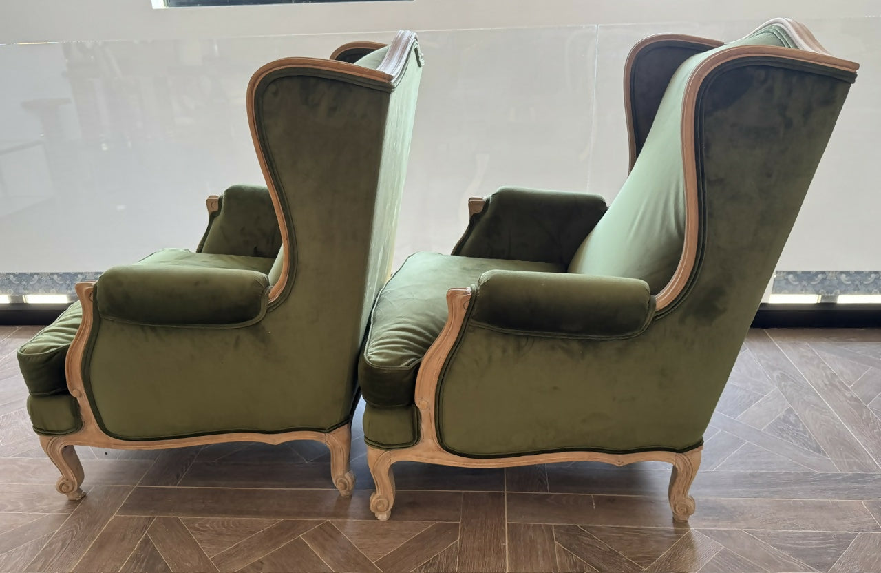Extremely Comfortable Pair French Wing Back Arm Chairs