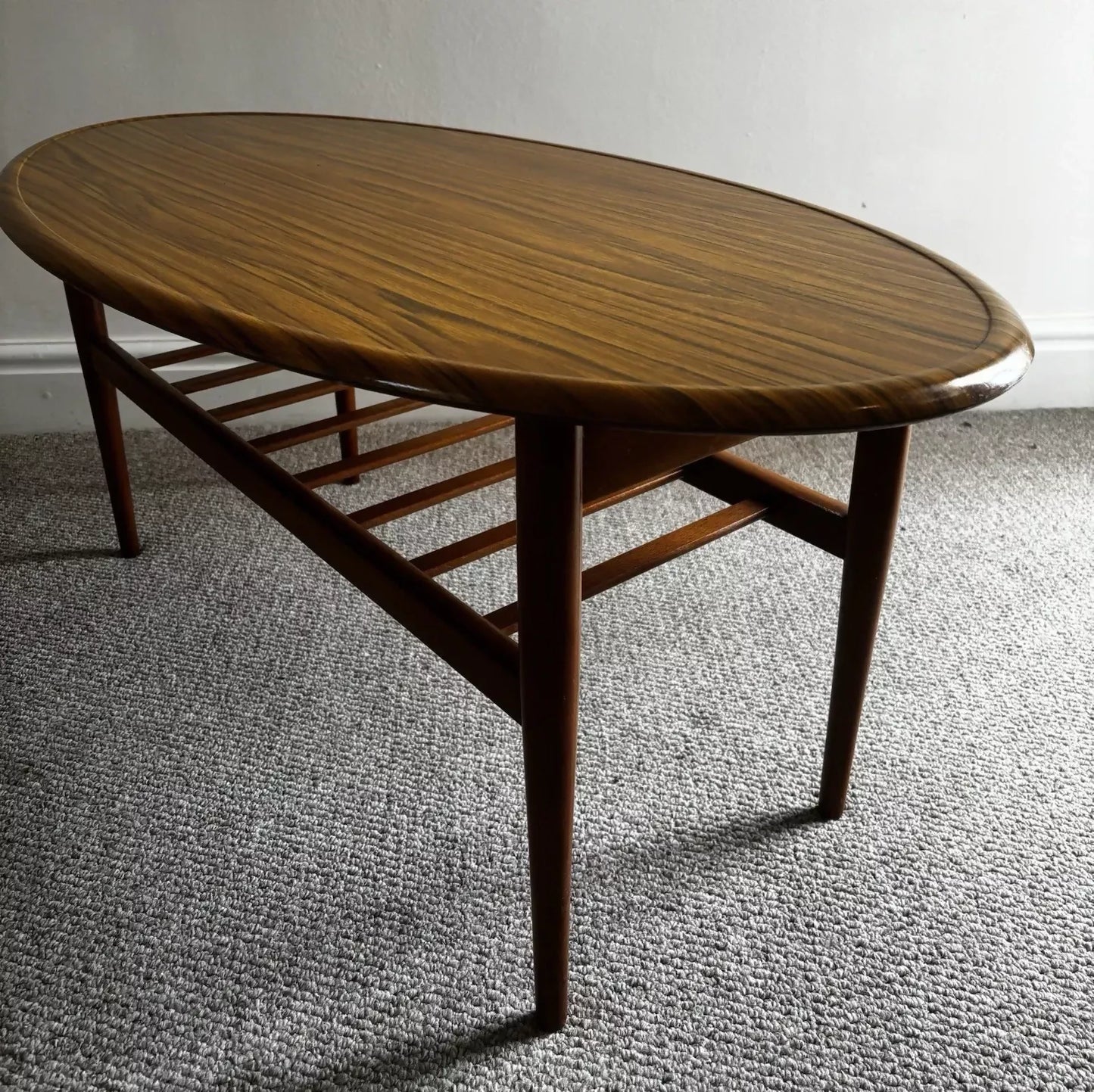 Vintage Oval Coffee Table with Magazine Rack – Mid Century Modern Laminate Wood