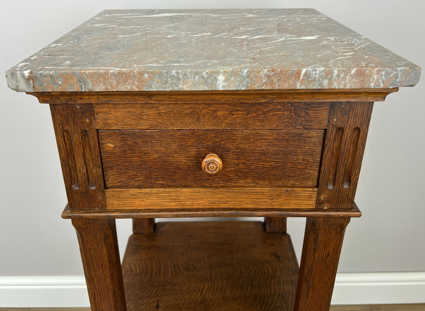 Bedside Table Antique French Style Marble Top Oak Cabinet Nightstand LOT 6236