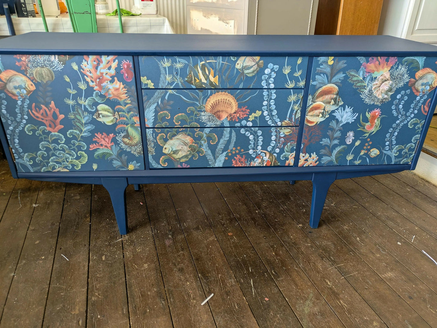 Gplan Midcentury NavySideboard Ocean Sea Fish Print Upcycled Painted SOLD message for commission