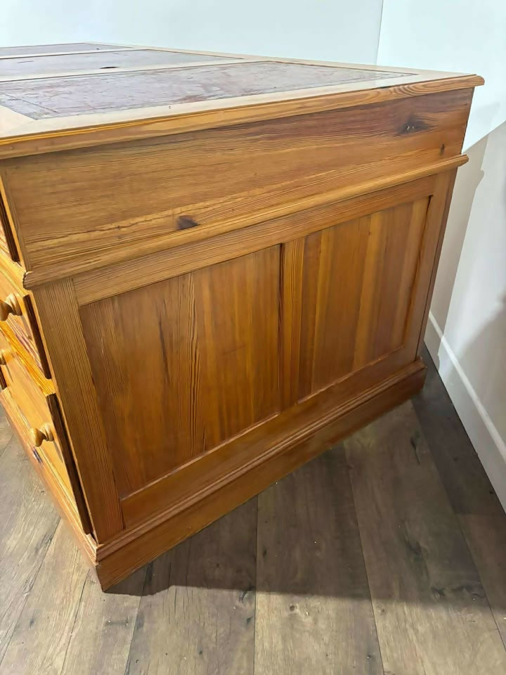 Large Leather Topped Pine Pedestal Desk