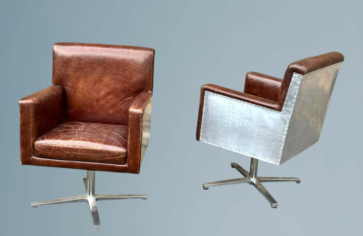Two Hand Dyed Brown Leather Aviators Swivel Captains Chairs