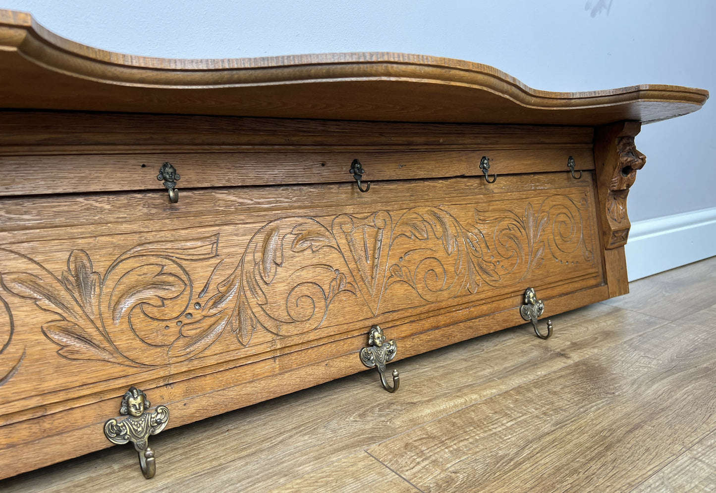 Coat Rack Antique French Carved Oak Wall Mounted 9 Hooks Rack Hanger LOT 6292