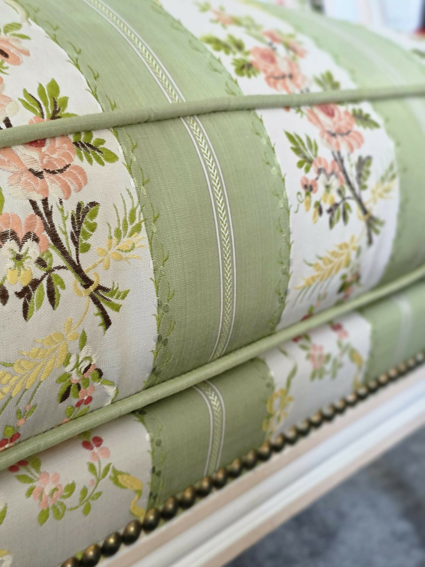A Pair of French, Louis XVI Bergere Armchairs. Upholstered in French Embroidered Silk Upholstery Fabric