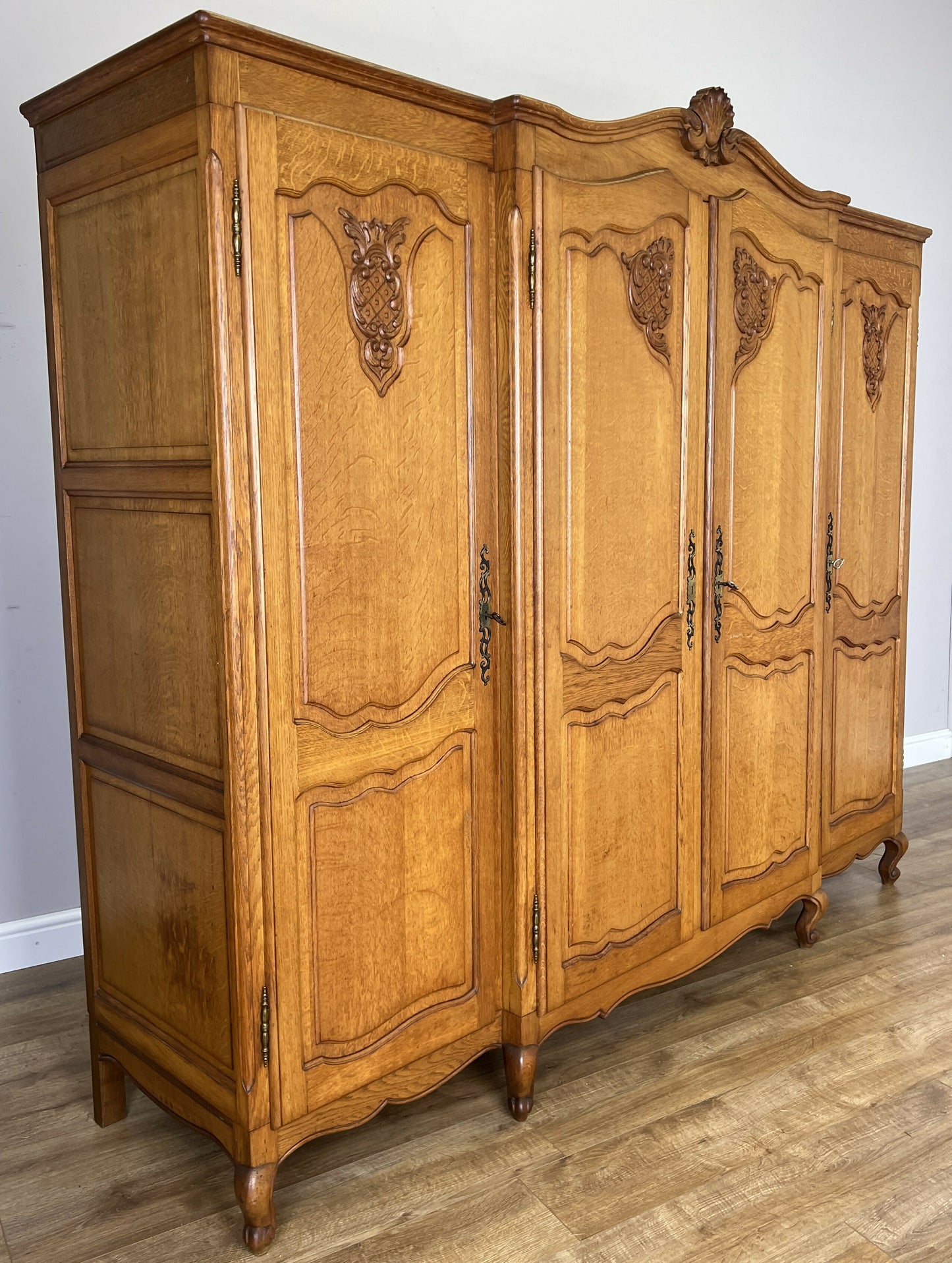Wardrobe Vintage French Louis XVI Style Oak Four Door Carved Armoire LOT 6494