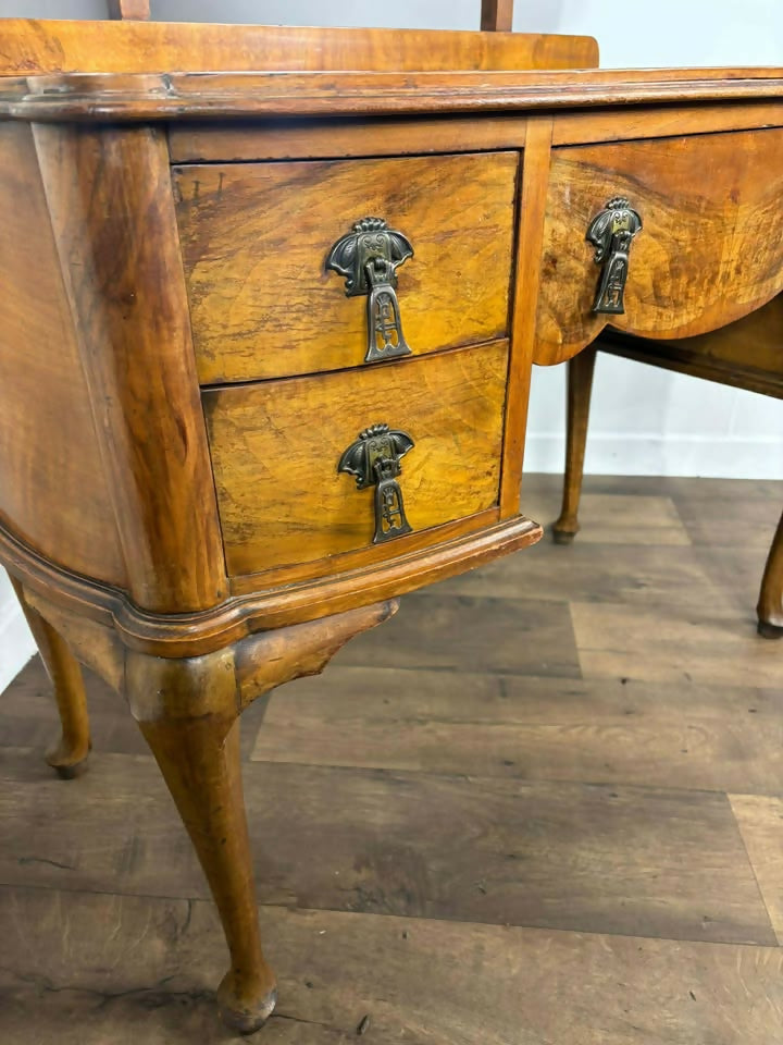 Vintage Walnut Veneered Dressing Table with Triptych Mirror