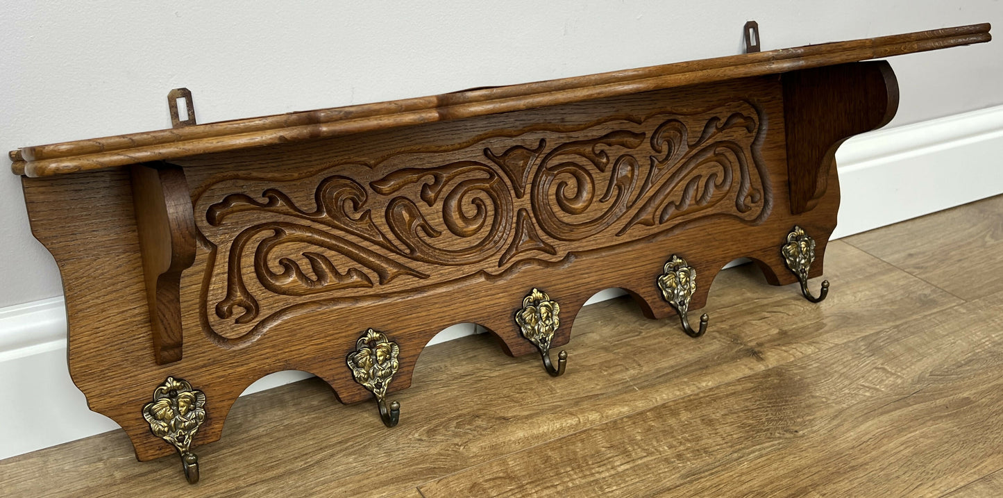 Coat Rack Vintage French Oak Wall Mounted 5 Hooks Carved Rack Hanger LOT 6204