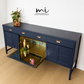 Refinished mid century Nathan sideboard drinks cabinet, navy blue with art deco chinoiserie inspired design, gold, cocktail, tv media unit