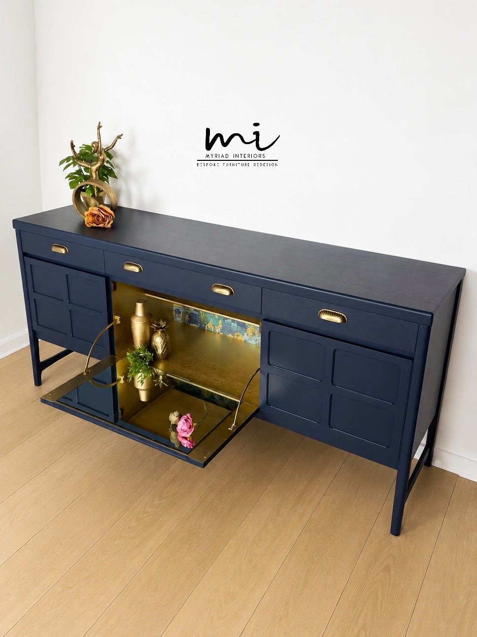 Refinished mid century Nathan sideboard drinks cabinet, navy blue with art deco chinoiserie inspired design, gold, cocktail, tv media unit