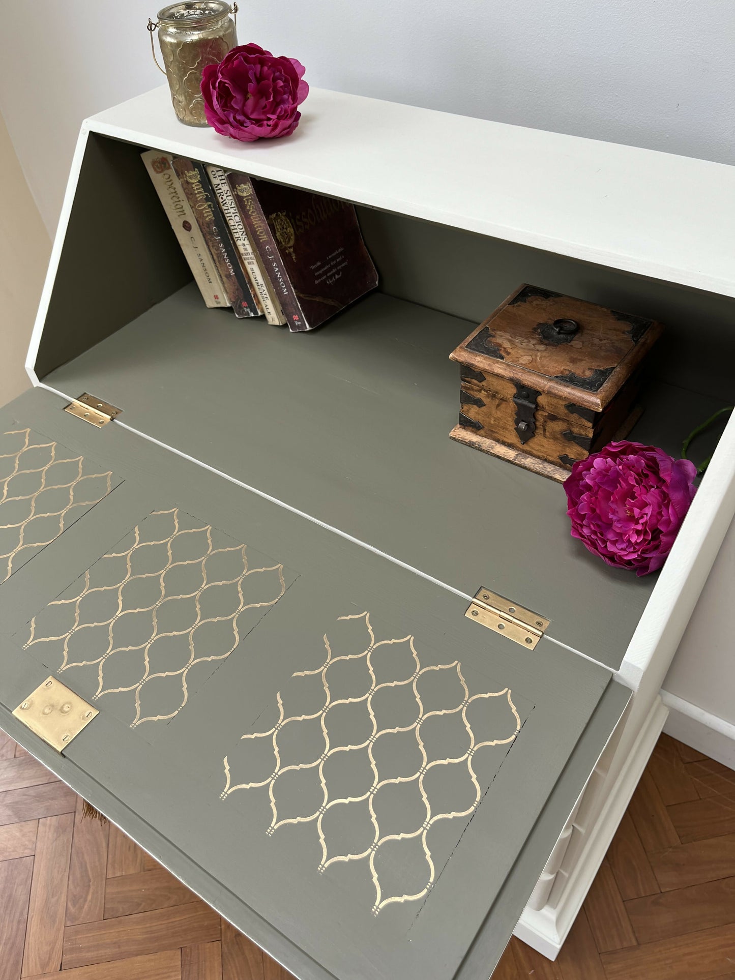 Vintage Pine Bureau Desk Hand Painted in a Soft white with Olive Green and Gold Interior