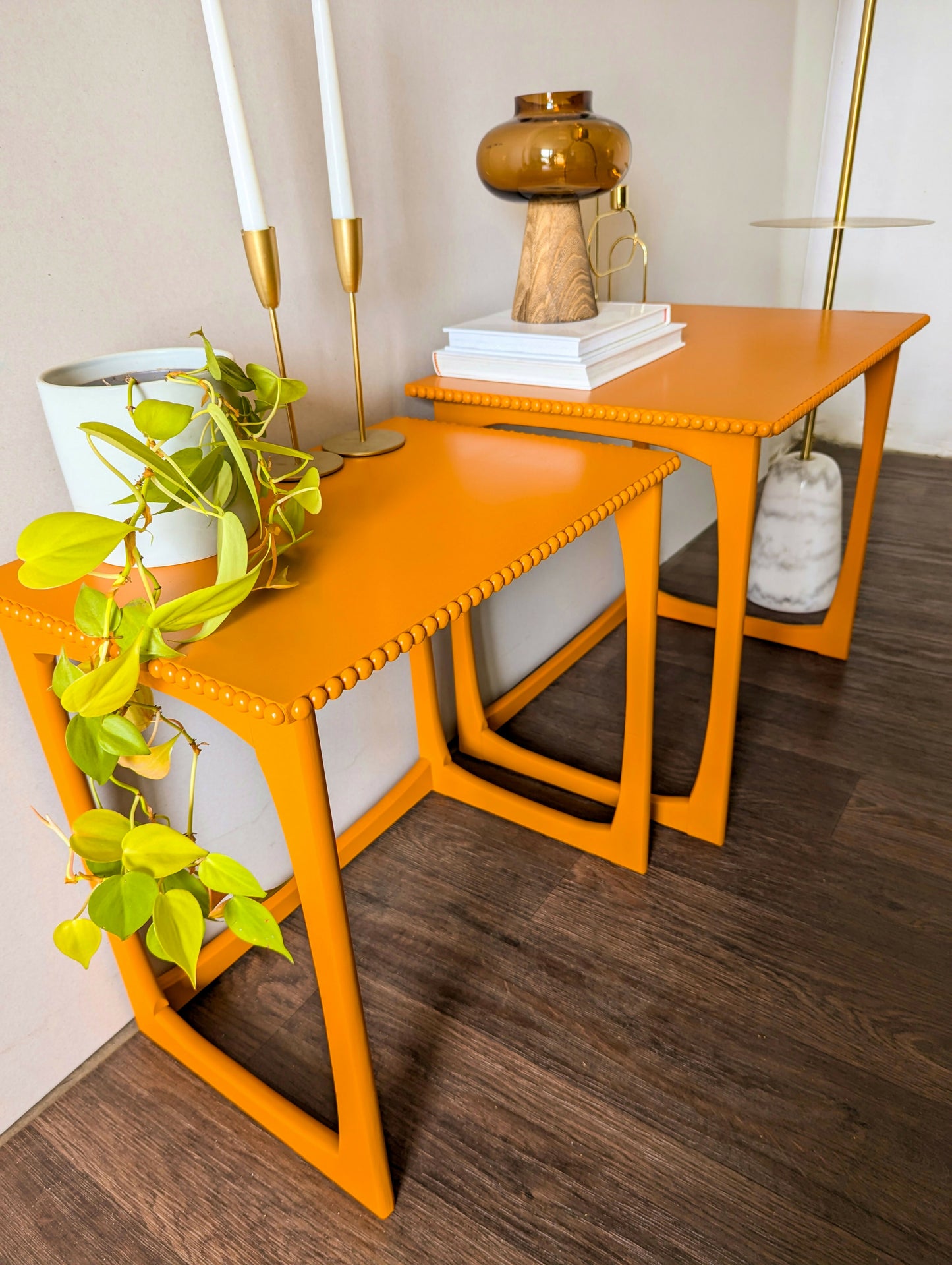 Pair of Bright Orange Side Tables/End Tables with Bobbin Details