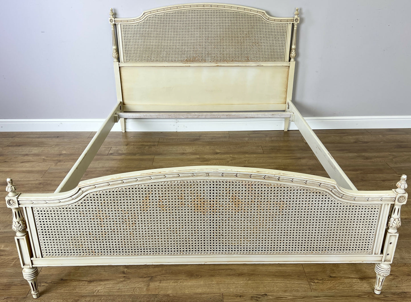 Bed Vintage French King Size Bed Frame Cane Panel Carved Headboard LOT 6410