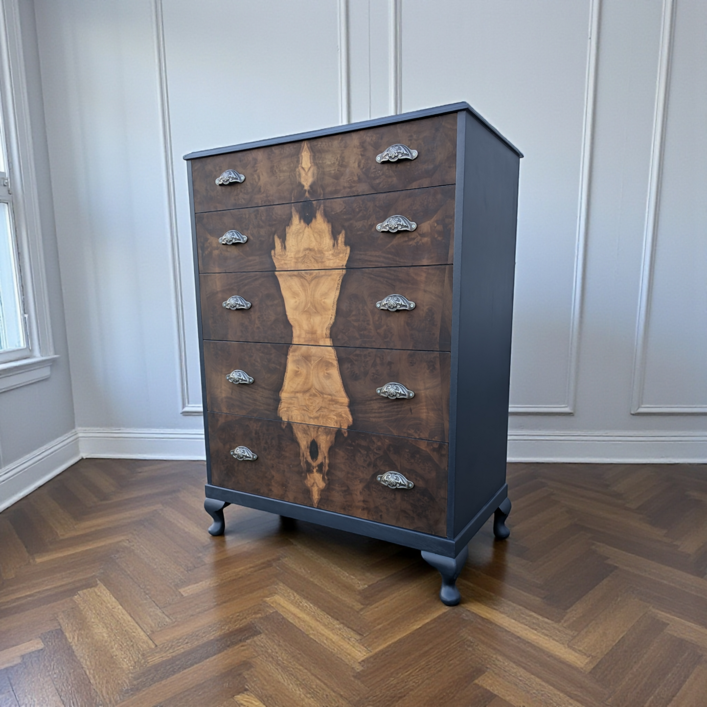 Vintage art deco navy blue walnut burr wood chest of drawers tallboy