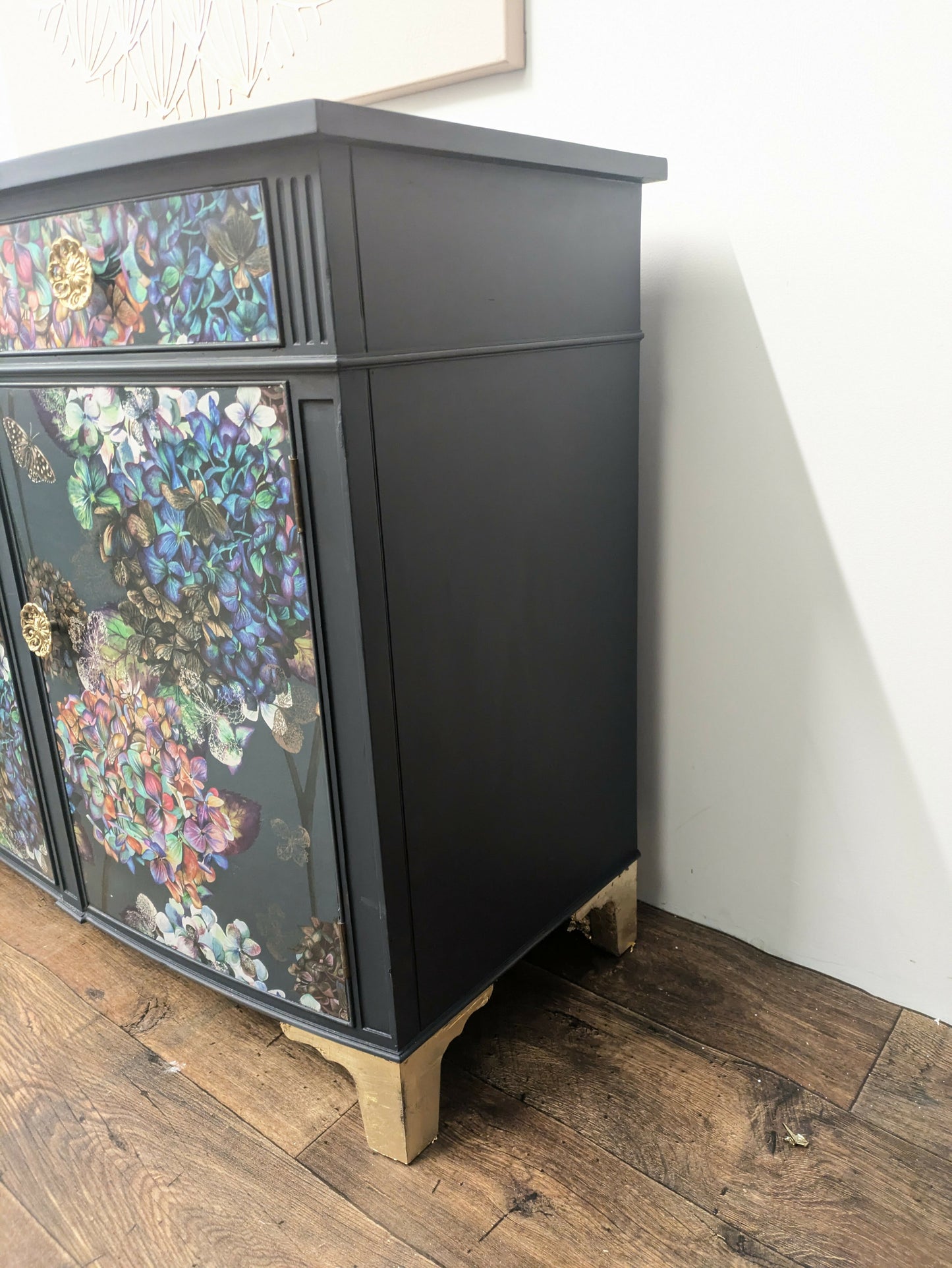 Vintage Curved Mahogany Sideboard Painted in Navy with Flower Butterfly Hydrangea Print