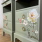 Rare Refinished Vintage Stag Minstrel Tea Tray Bedside Tables In Pale Sage Green With Floral Design, slim, nights stands, mid century