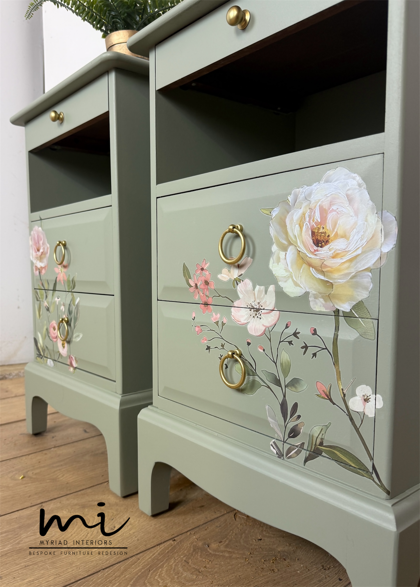 Rare Refinished Vintage Stag Minstrel Tea Tray Bedside Tables In Pale Sage Green With Floral Design, slim, nights stands, mid century