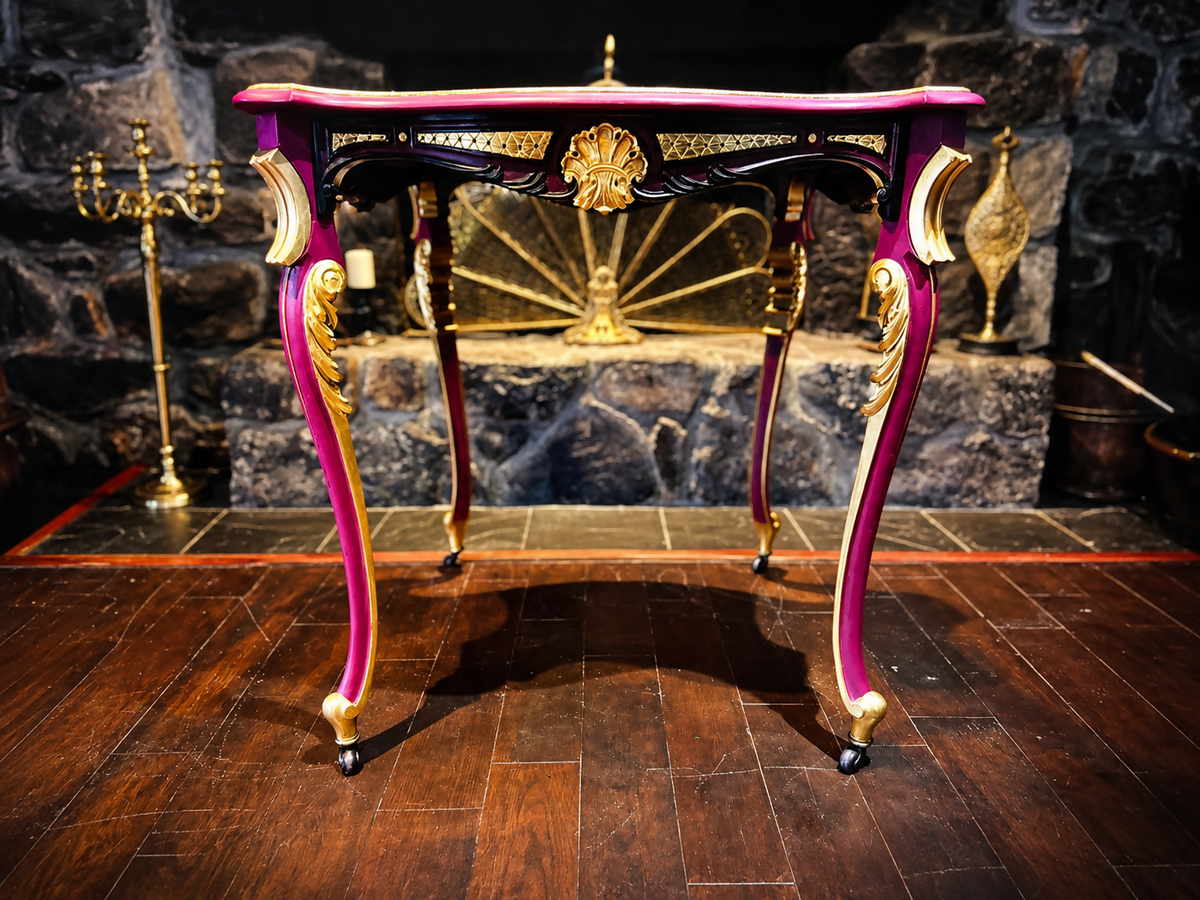 Vintage French Style Occasional Table In Burgundy & Gold Statement Accent