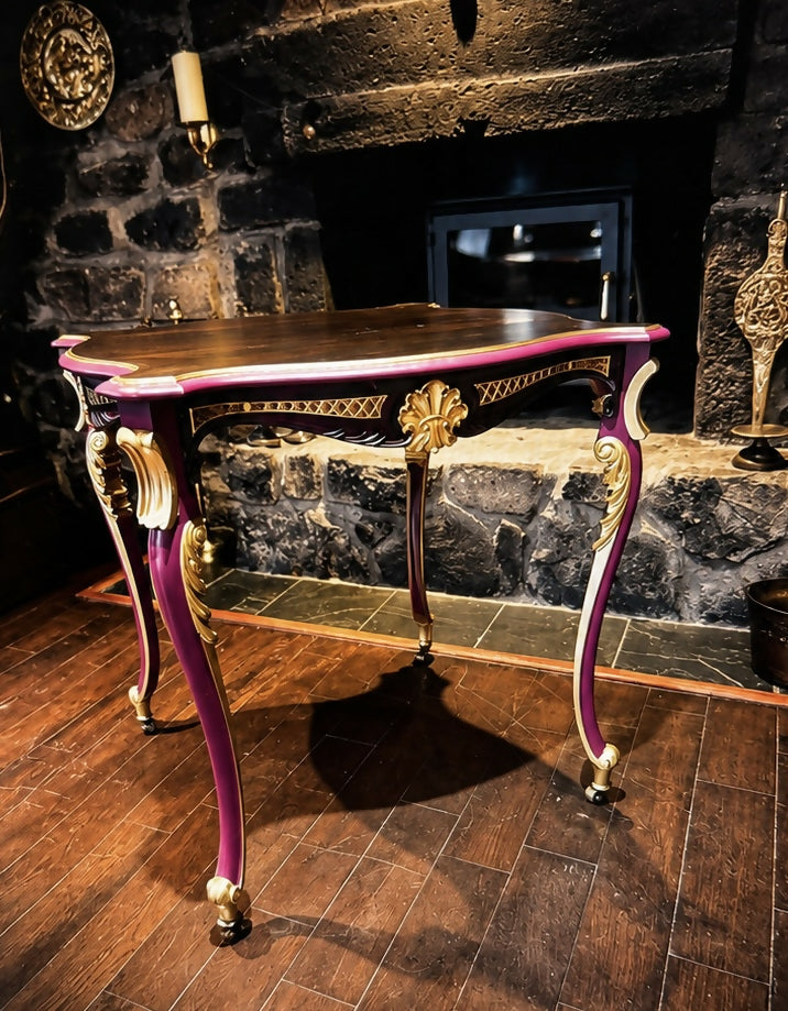 Vintage French Style Occasional Table In Burgundy & Gold Statement Accent