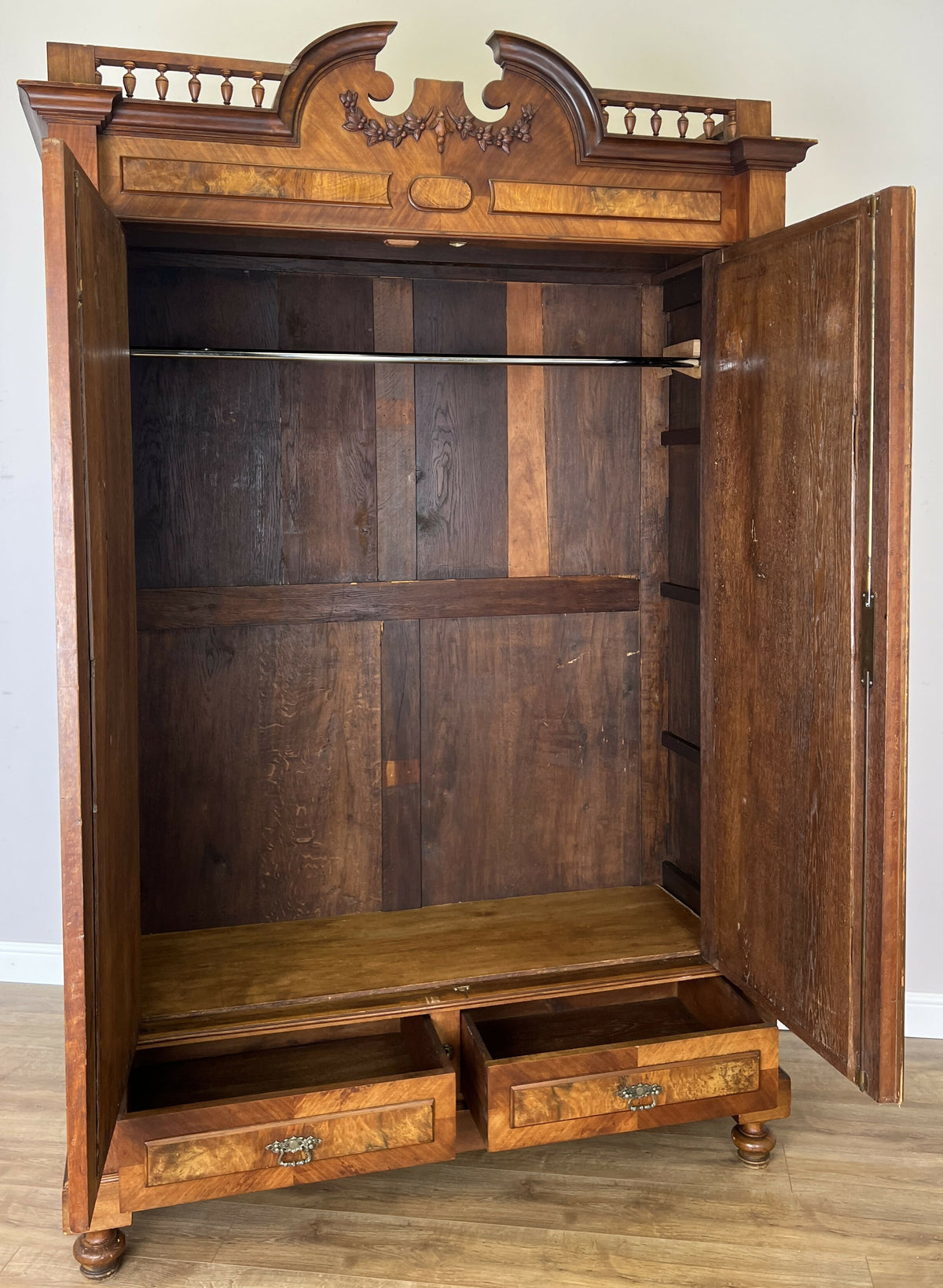 Wardrobe Antique French Style Walnut Mirrored Two Door Carved Armoire LOT 6520