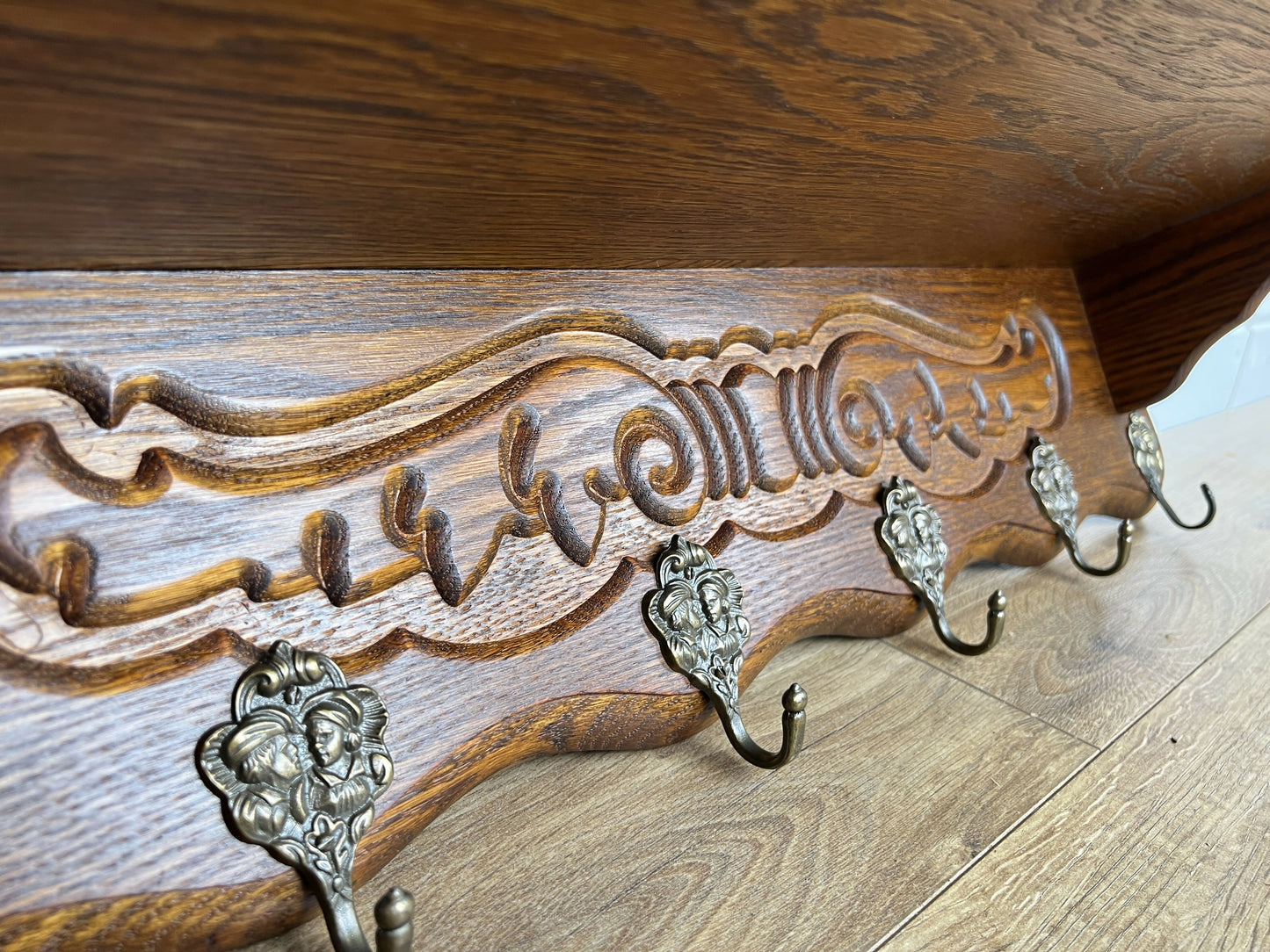 Coat Rack Vintage French Carved Oak Wall Mounted 6 Hooks Rack Hanger LOT 6368
