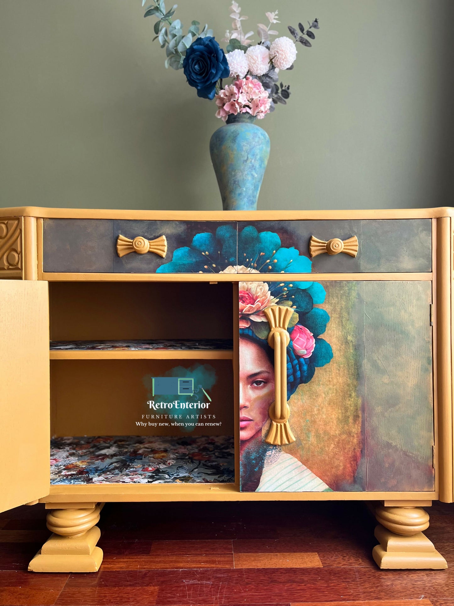 Mustard Magic: Upcycled Sideboard with floral abstract Art and Decoupaged Drawers