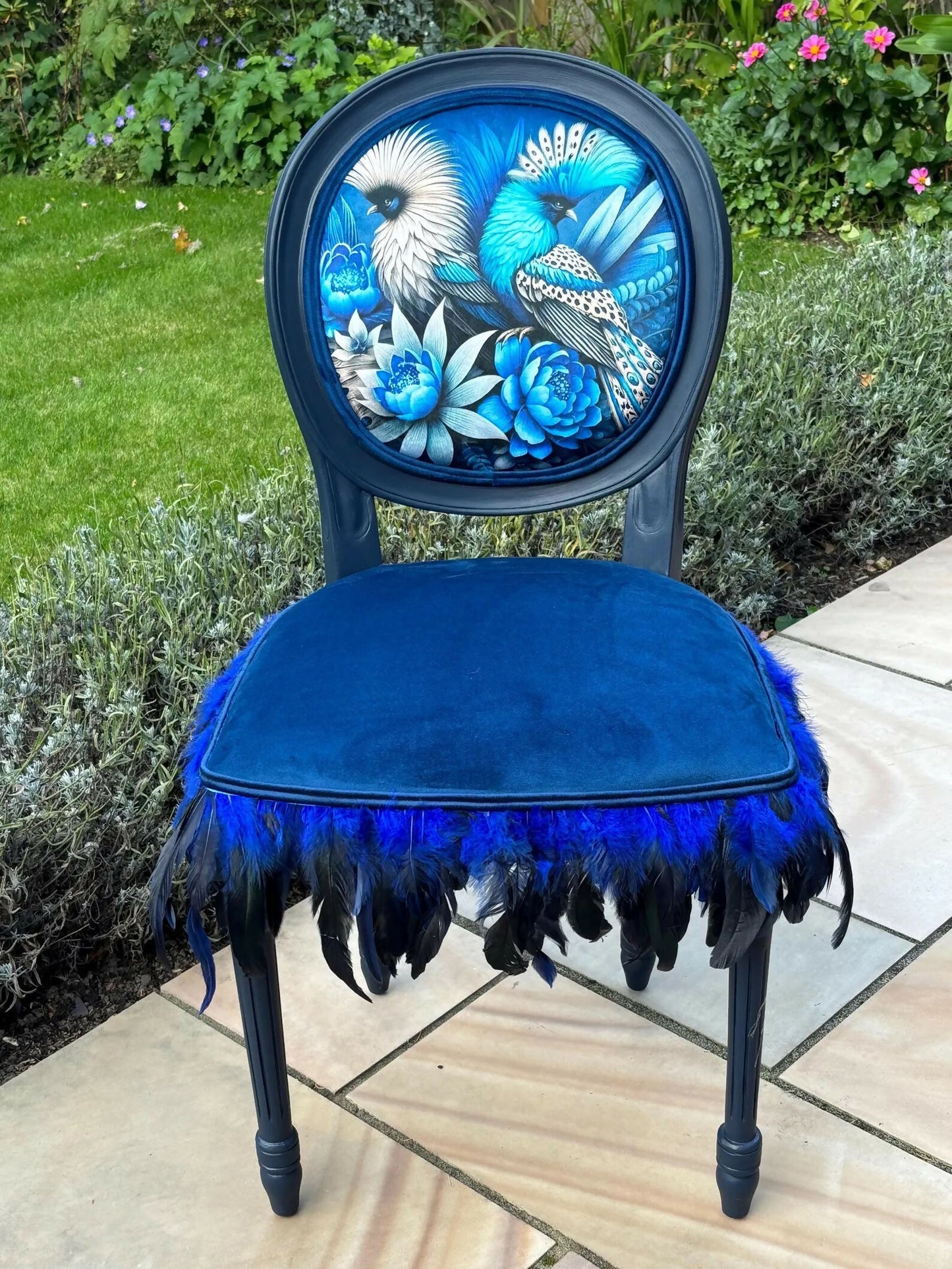 Bespoke Vintage Blue Bird Chair. One of a Kind Velvet and Feather Detailing. Artist Designed Chair